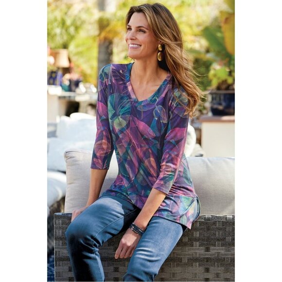 Soft Surroundings  2EE74 Alila 3/4 Sleeves Tunic L Wide Hem Botanical Multicolor - Picture 1 of 13